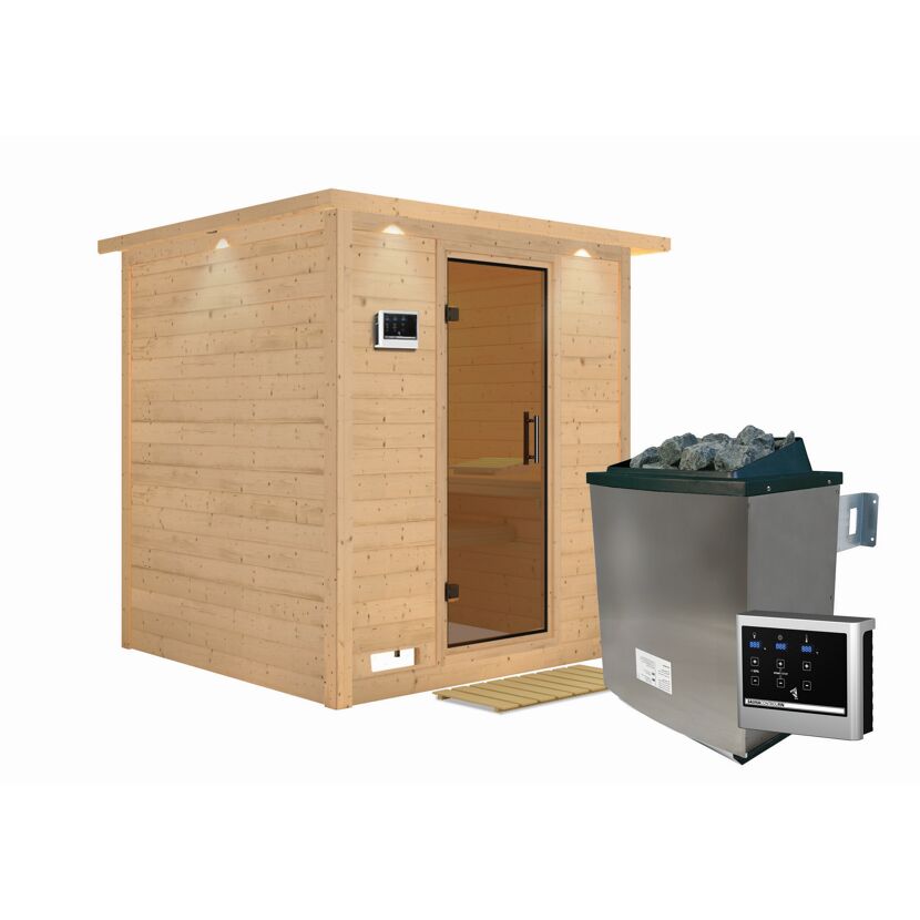 Massivholzsauna 'Luna' naturbelassen mit Kranz und graphitfarbenerr Tür 9 kW Ofen externe Steuerung Easy 224 x 210 x 206 cm