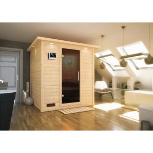 Massivholzsauna 'Luna' naturbelassen mit Kranz und graphitfarbenerr Tür 9 kW Bio-Ofen externe Steuerung Easy 224 x 210 x 206 cm