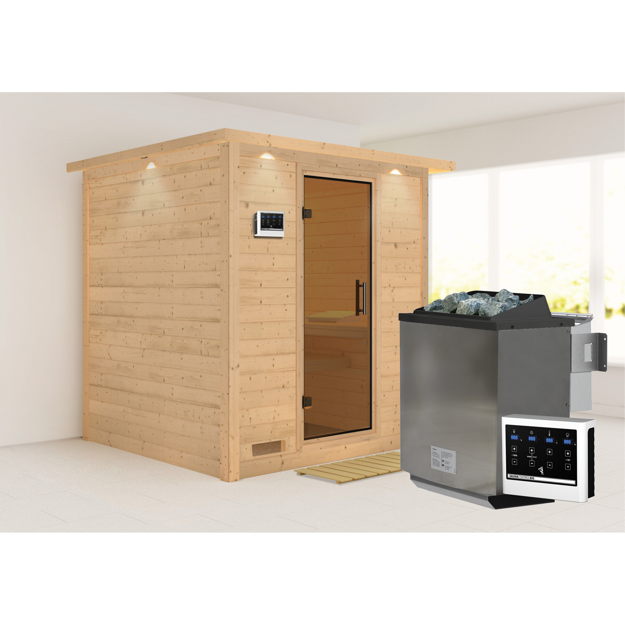 Massivholzsauna 'Luna' naturbelassen mit Kranz und graphitfarbenerr Tür 9 kW Bio-Ofen externe Steuerung Easy 224 x 210 x 206 cm + product picture