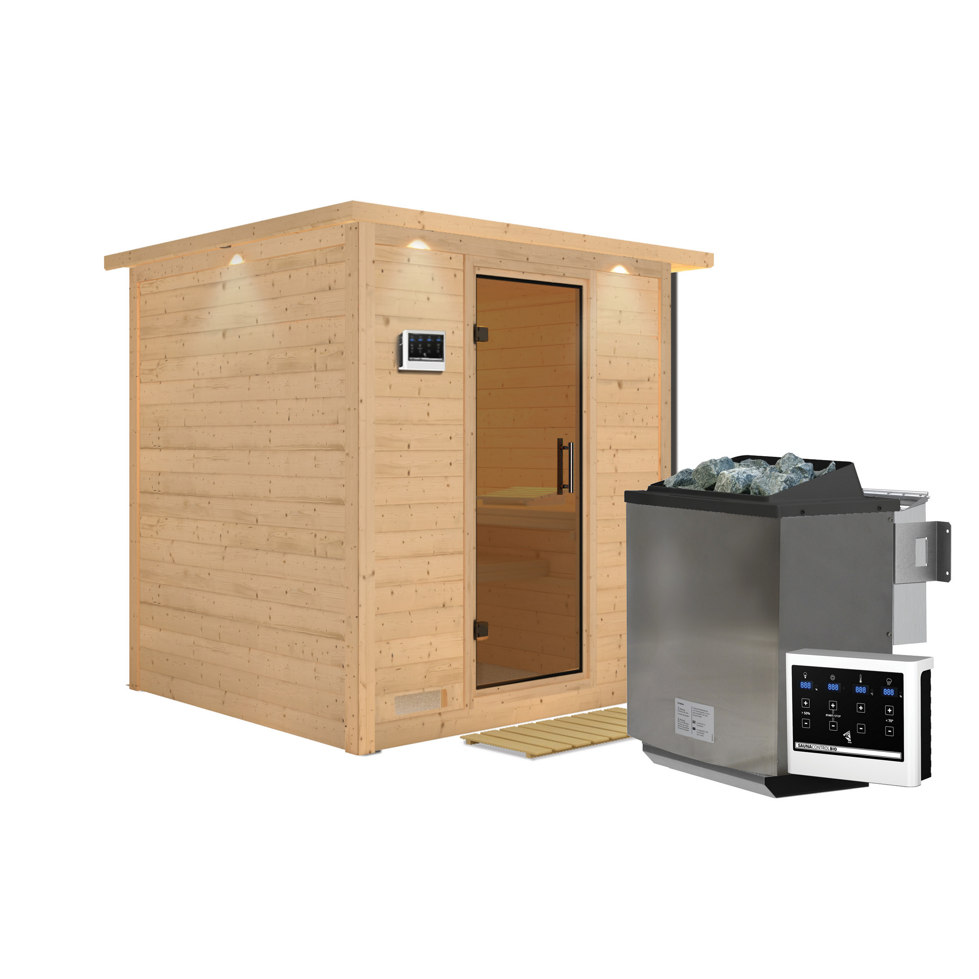 Massivholzsauna 'Luna' naturbelassen mit Kranz und graphitfarbenerr Tür 9 kW Bio-Ofen externe Steuerung Easy 224 x 210 x 206 cm + product picture