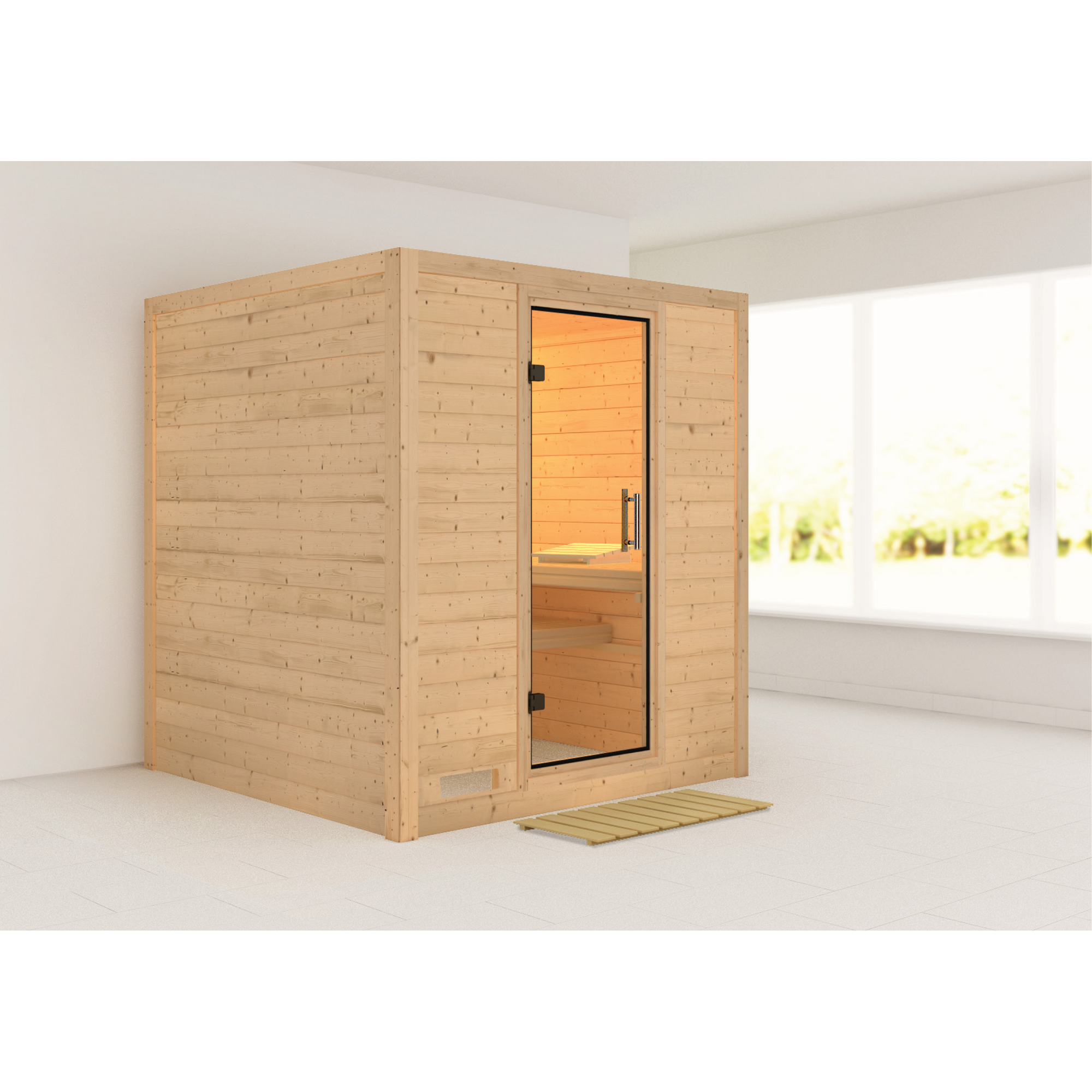 Massivholzsauna 'Luna' naturbelassen mit Klarglastür 196 x 196 x 200 cm