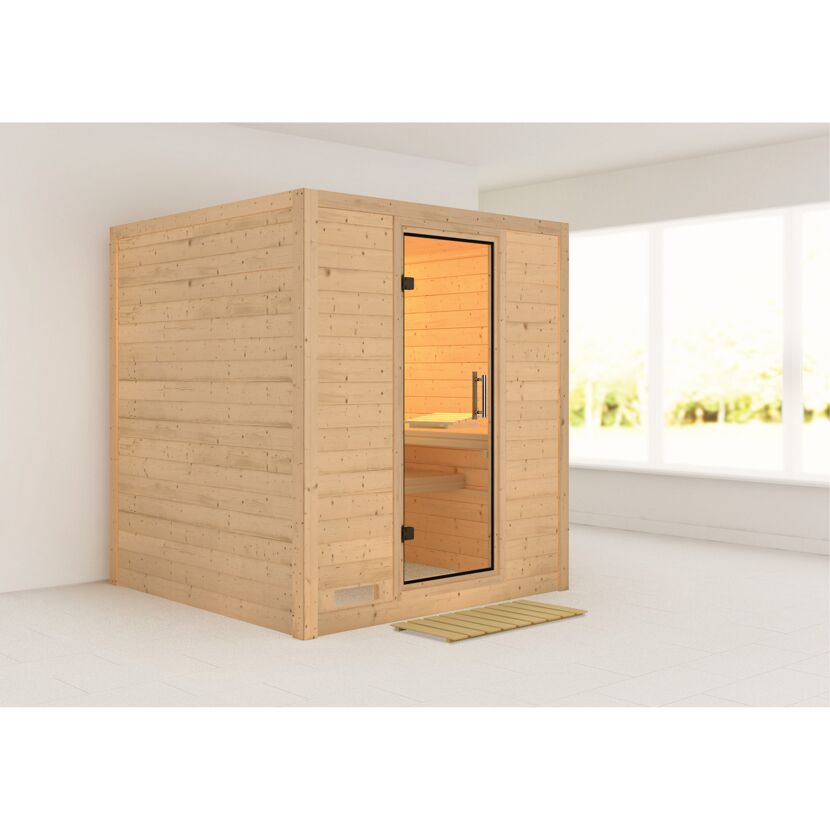 Massivholzsauna 'Luna' naturbelassen mit Klarglastür 196 x 196 x 200 cm