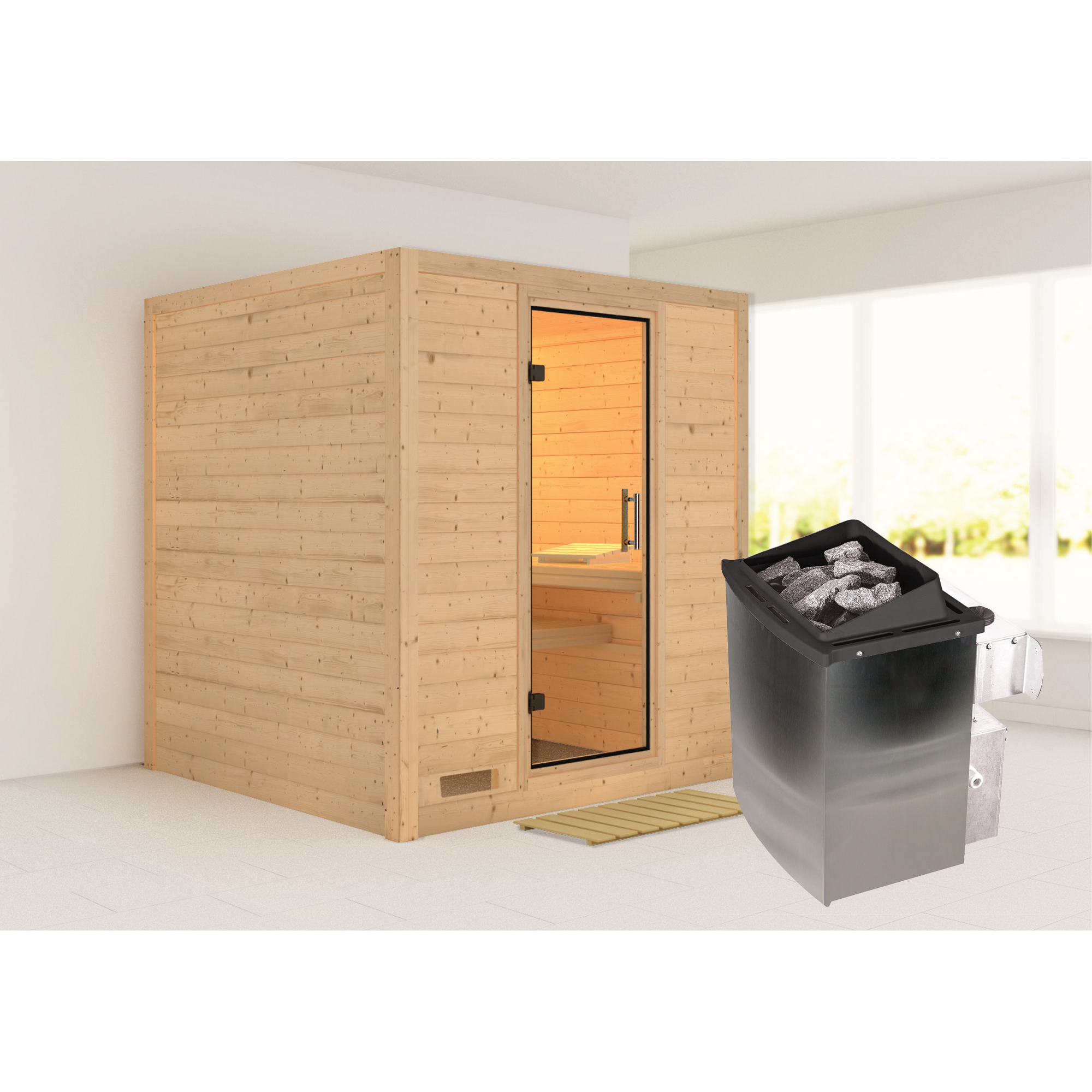 Massivholzsauna 'Luna' naturbelassen mit Klarglastür 9 kW Ofen integrierte Steuerung 196 x 196 x 200 cm + product picture