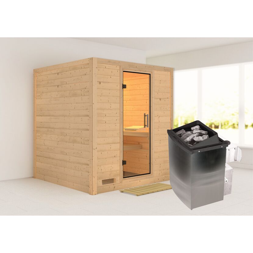 Massivholzsauna 'Luna' naturbelassen mit Klarglastür 9 kW Ofen integrierte Steuerung 196 x 196 x 200 cm