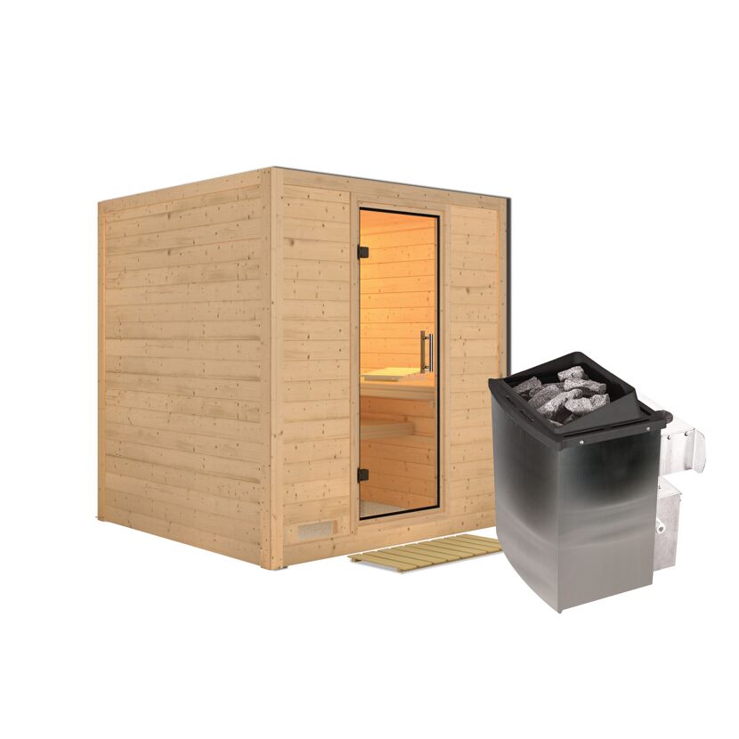 Massivholzsauna 'Luna' naturbelassen mit Klarglastür 9 kW Ofen integrierte Steuerung 196 x 196 x 200 cm