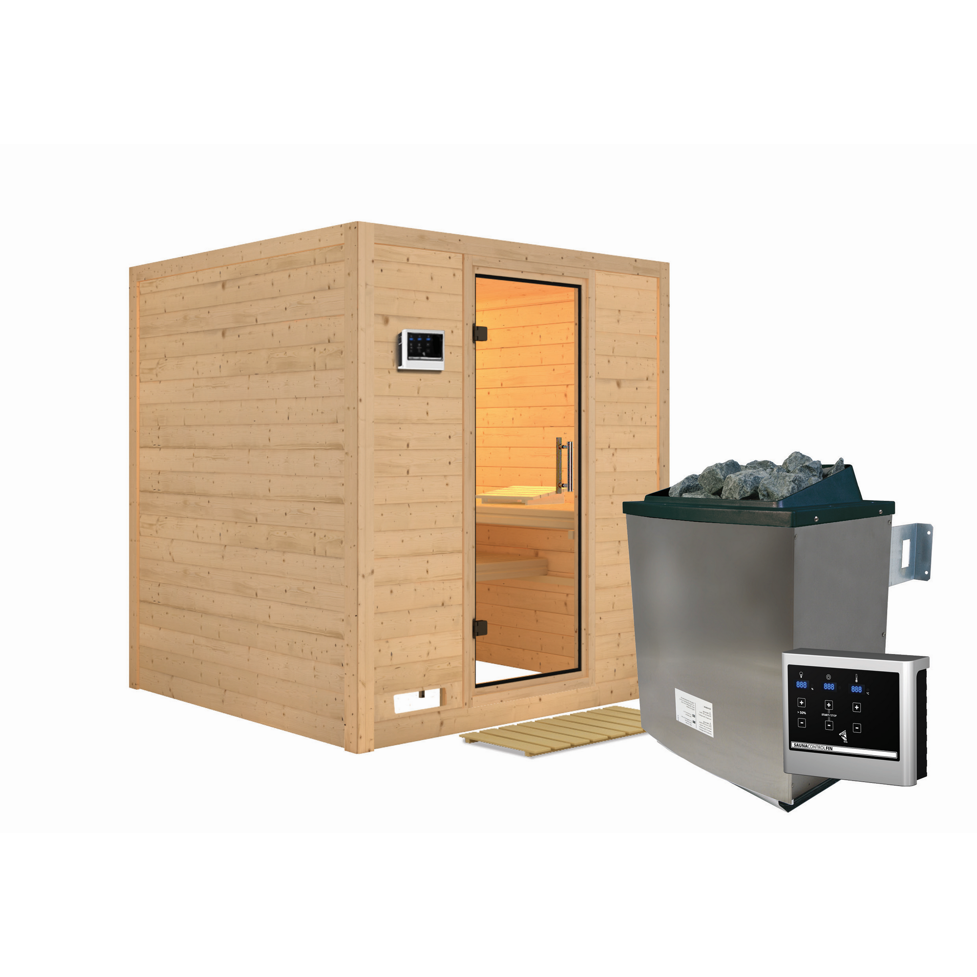 Massivholzsauna 'Luna' naturbelassen mit Klarglastür 9 kW Ofen externe Steuerung easy 196 x 196 x 200 cm + product picture