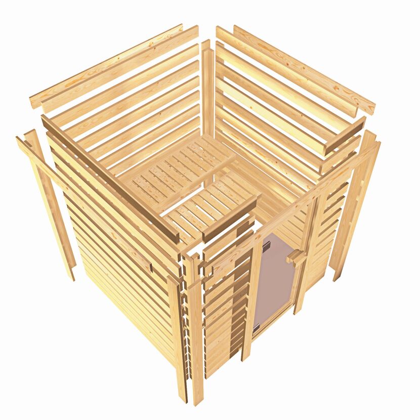 Massivholzsauna 'Luna' naturbelassen mit Kranz und Klarglastür 9 kW Ofen integrierte Steuerung 224 x 210 x 206 cm