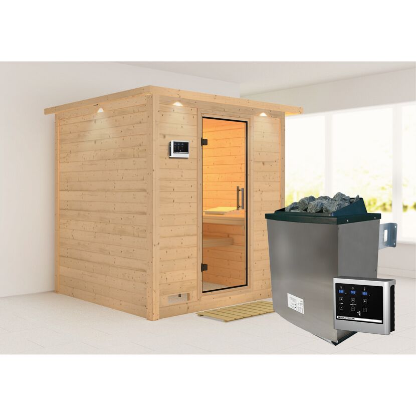 Massivholzsauna 'Luna' naturbelassen mit Kranz und Klarglastür 9 kW Ofen externe Steuerung easy 224 x 210 x 206 cm