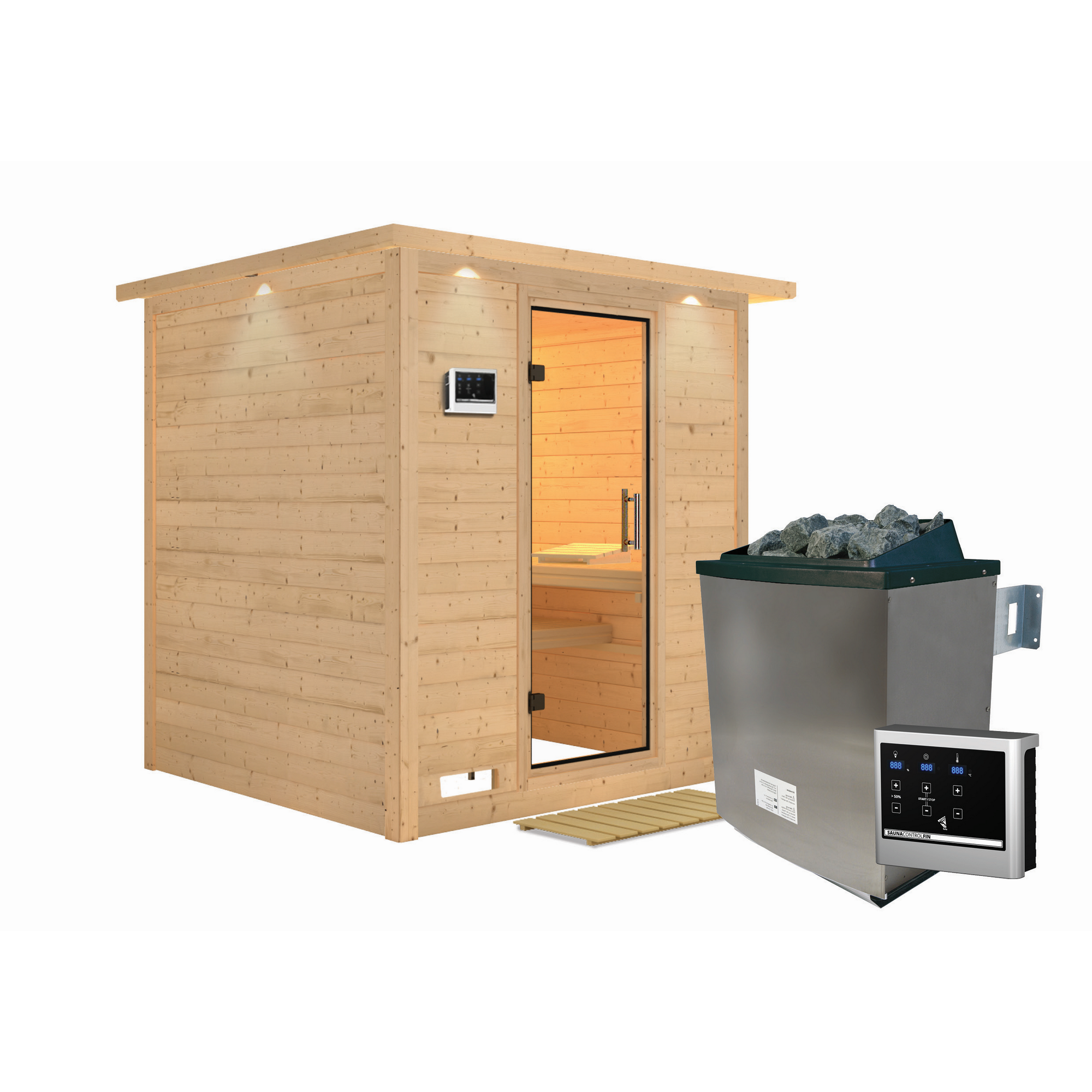 Massivholzsauna 'Luna' naturbelassen mit Kranz und Klarglastür 9 kW Ofen externe Steuerung easy 224 x 210 x 206 cm + product picture