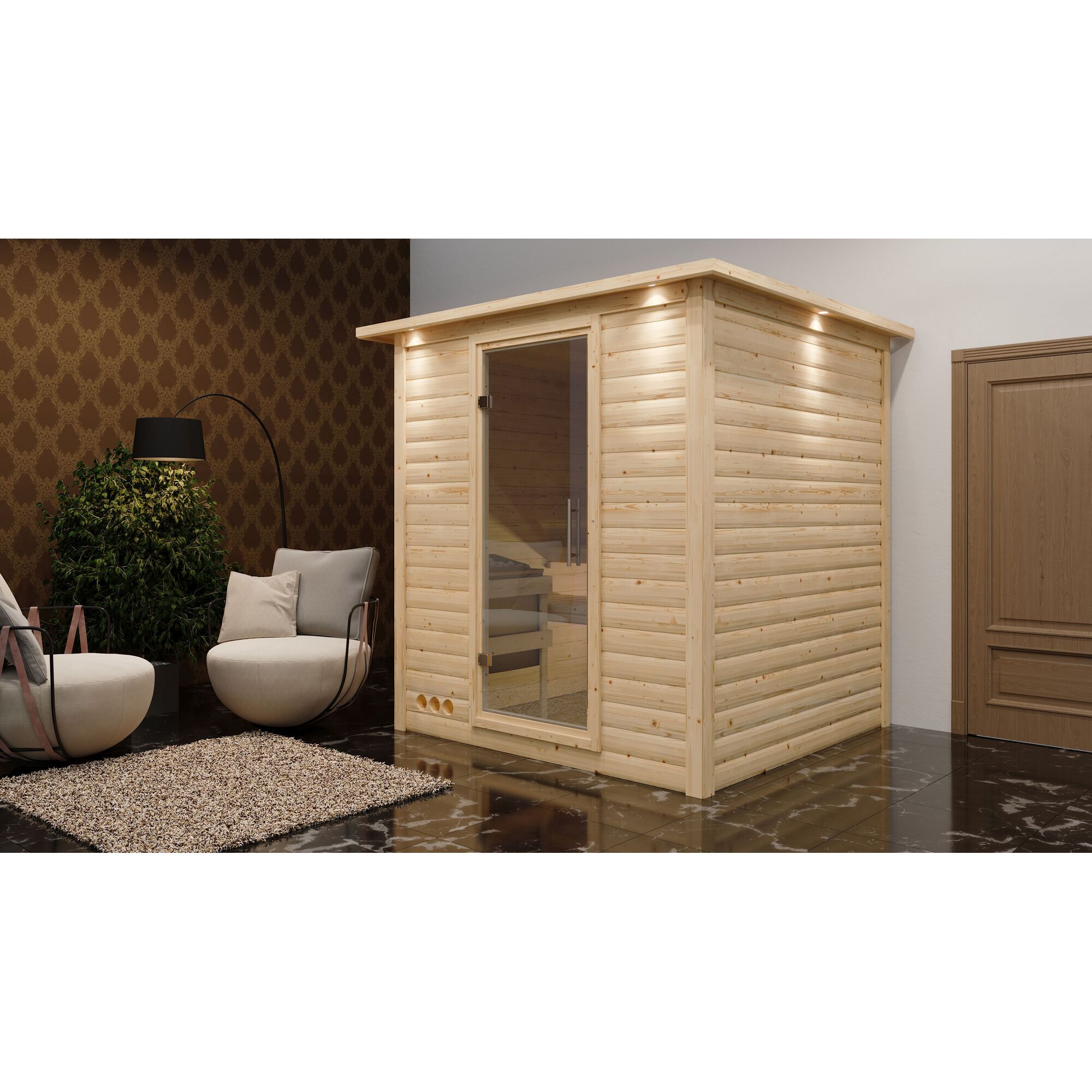Sauna aus hellem Holz in einem Raum.