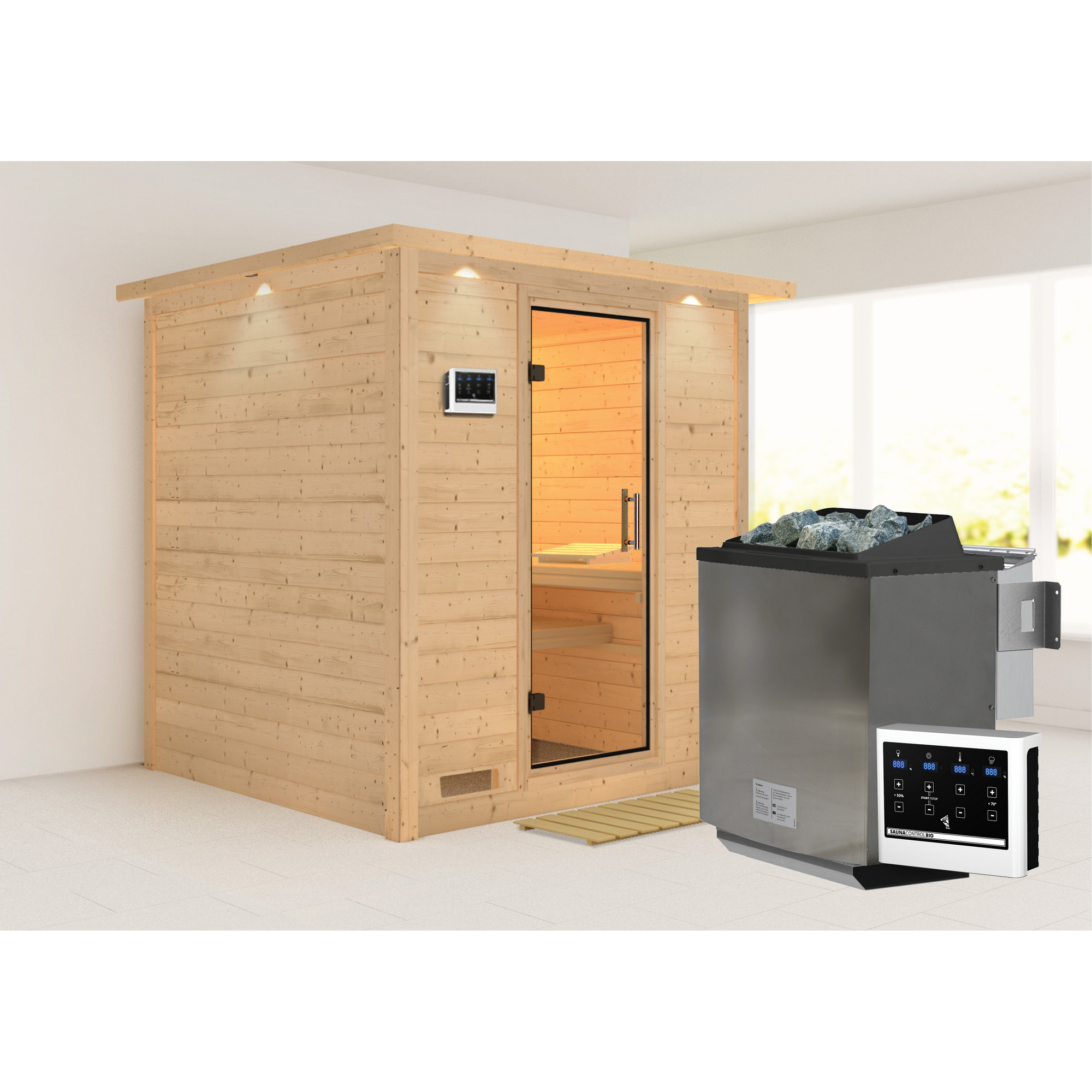 Massivholzsauna 'Luna' naturbelassen mit Kranz und Klarglastür 9 kW Bio-Ofen externe Steuerung easy 224 x 210 x 206 cm + product picture