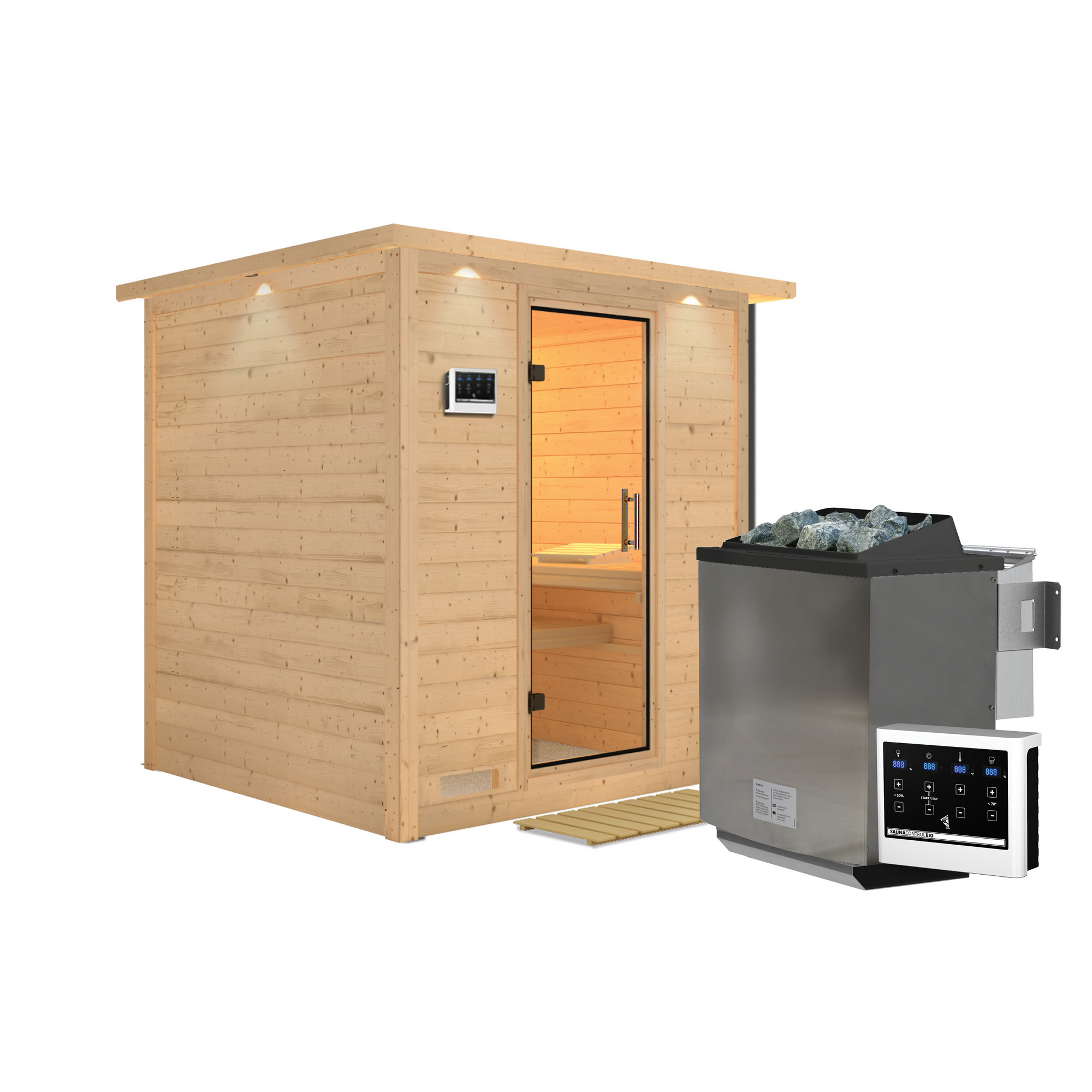 Massivholzsauna 'Luna' naturbelassen mit Kranz und Klarglastür 9 kW Bio-Ofen externe Steuerung easy 224 x 210 x 206 cm + product picture