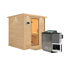 Massivholzsauna 'Luna' naturbelassen mit Kranz und Klarglastür 9 kW Bio-Ofen externe Steuerung easy 224 x 210 x 206 cm