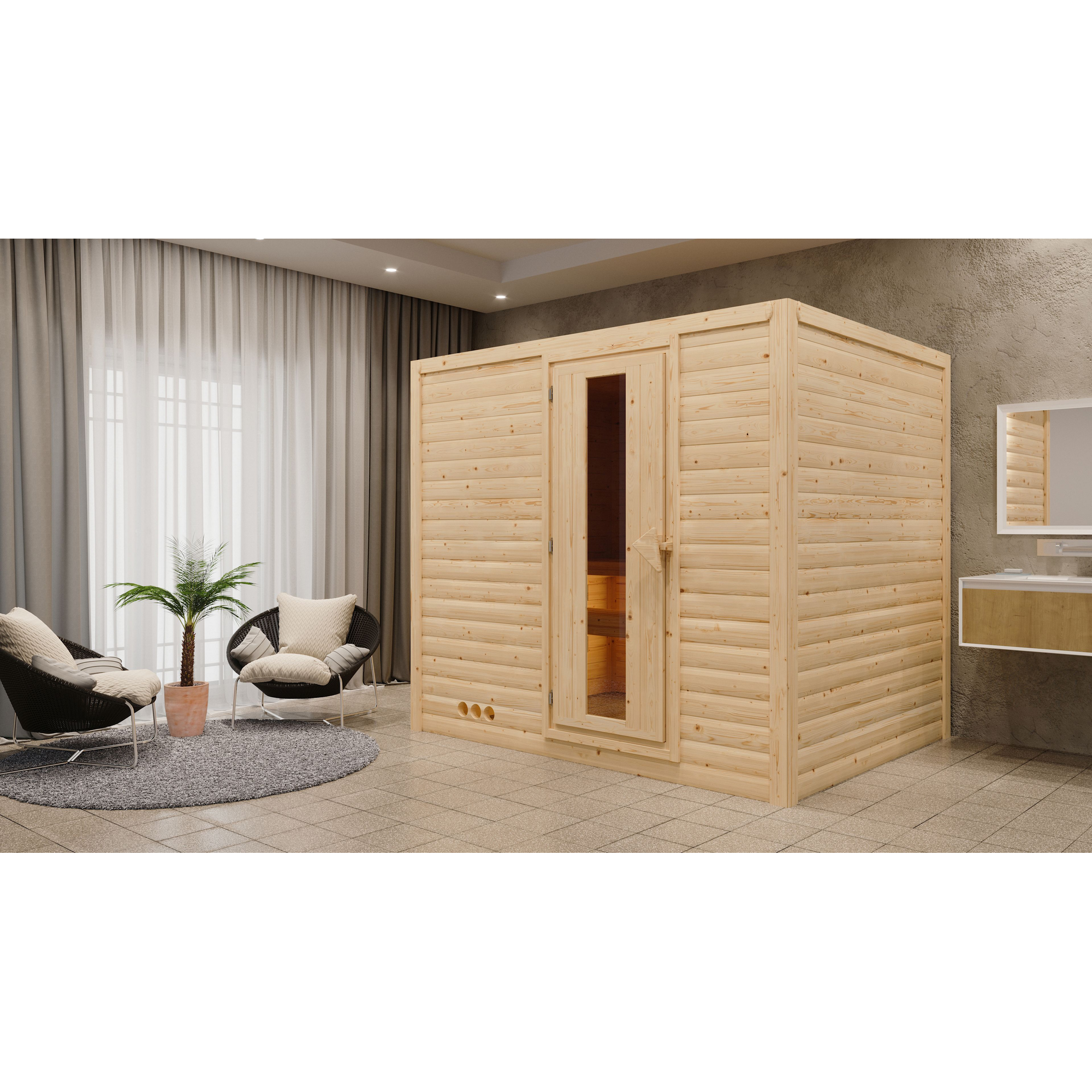 Massivholzsauna 'Lucia' naturbelassen mit Energiespartür mit Ofen 9 kW integrierte Steuerung 231 x 196 x 200 cm + product picture