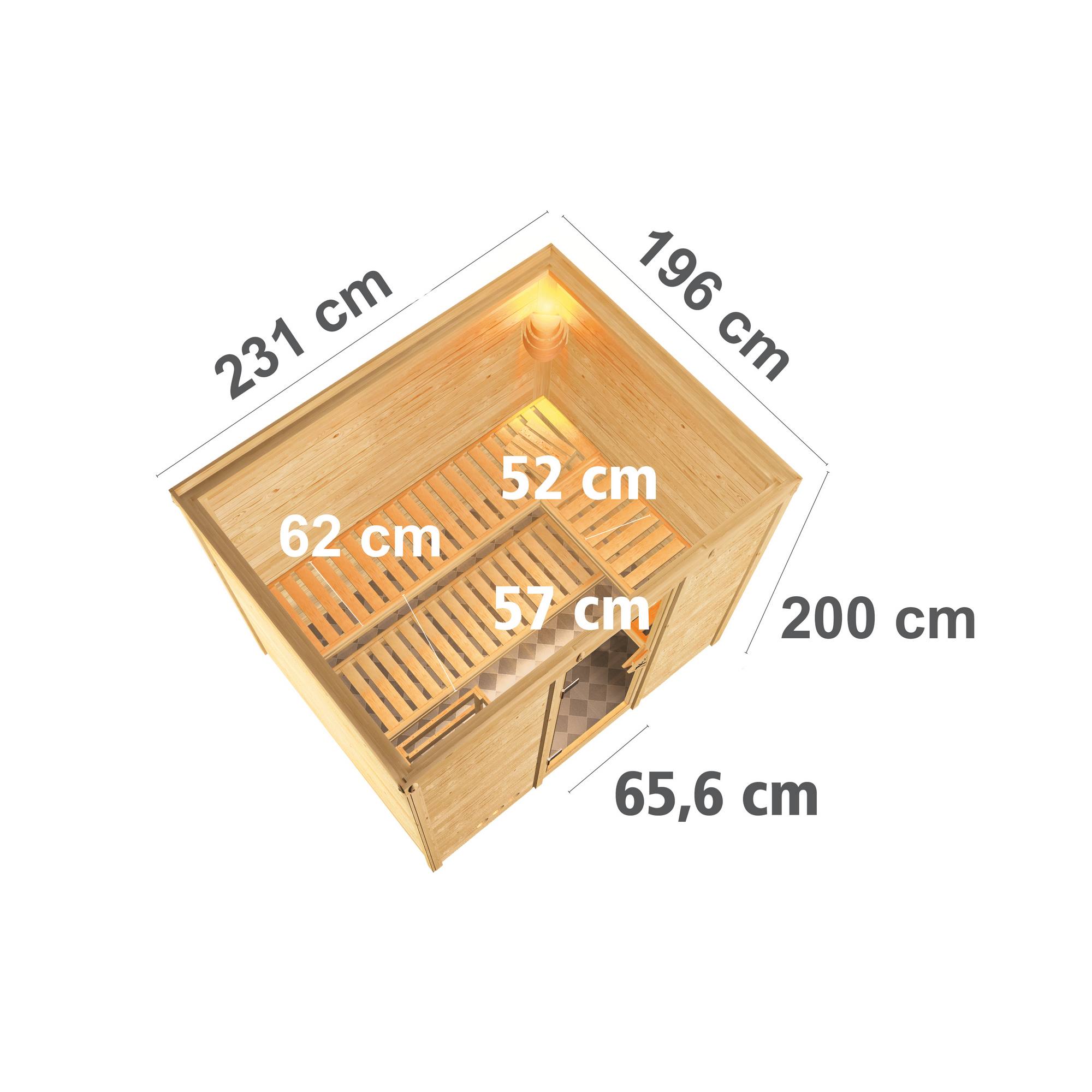 Massivholzsauna 'Lucia' naturbelassen mit Energiespartür mit Ofen 9 kW integrierte Steuerung 231 x 196 x 200 cm + product picture