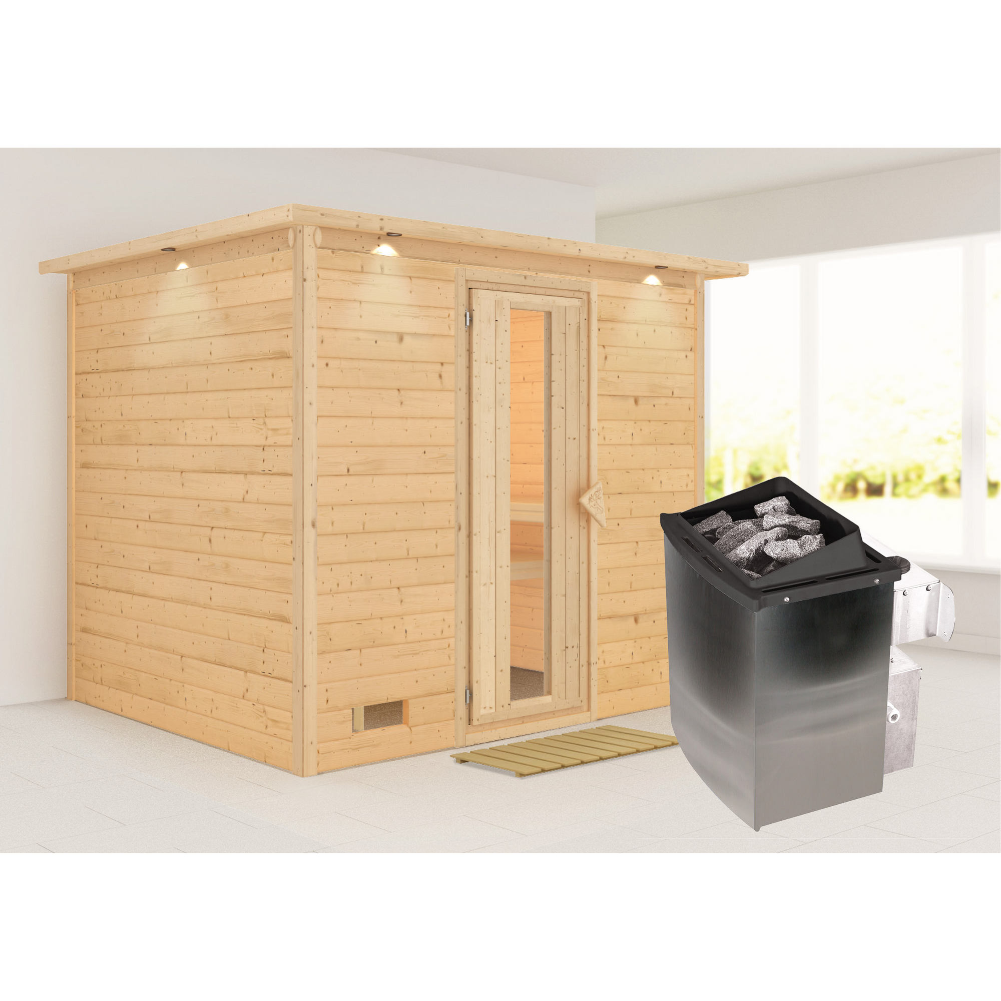 Massivholzsauna 'Lucia' naturbelassen mit Kranz und Energiespartür mit Ofen 9kW integrierte Steuerung 259 x 210 x 205 cm + product picture