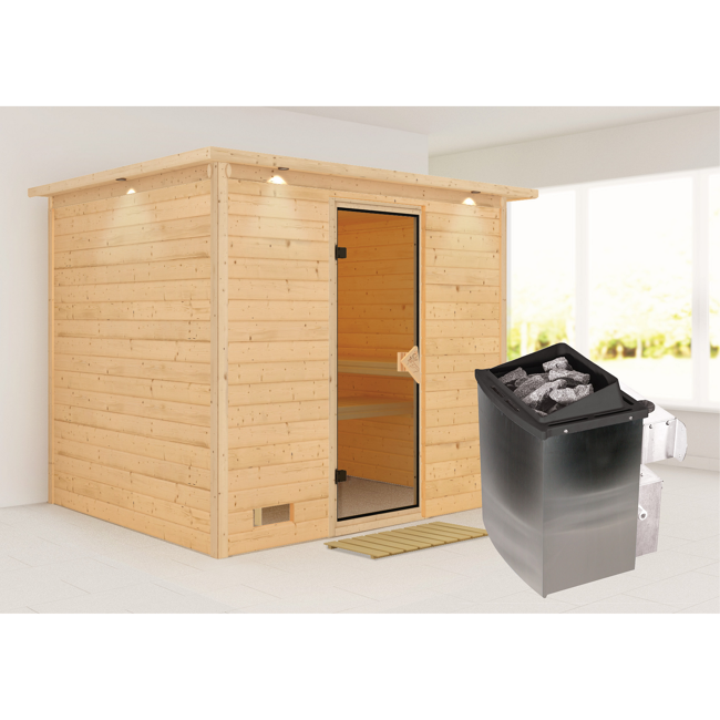 Bild von Massivholzsauna 'Lucia' naturbelassen mit Kranz und bronzierter Tür 9 kW Ofen integrierte Steuerung 259 x 210 x 205 cm