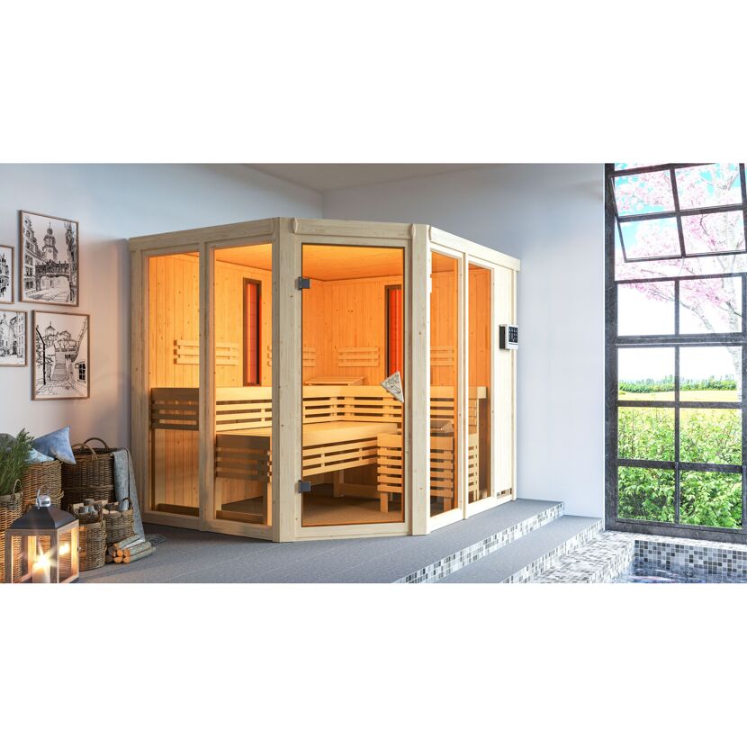 Eck-Sauna aus hellem Holz mit Glastür