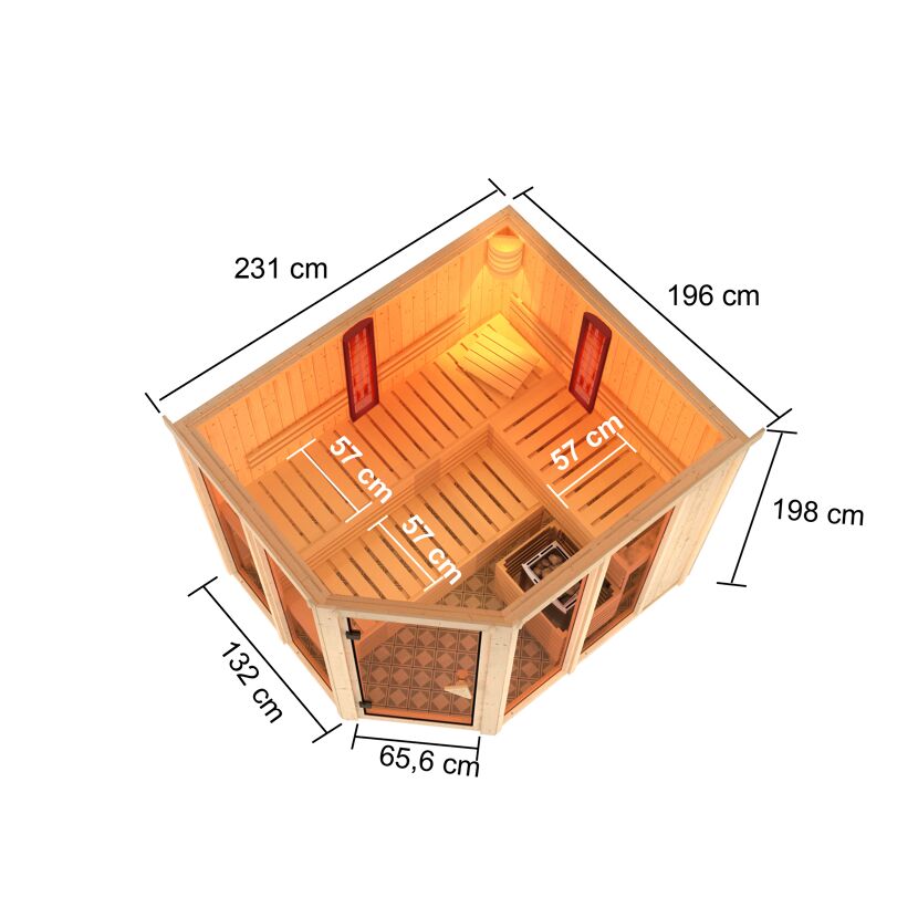 Eck-Sauna aus Holz mit Maßen