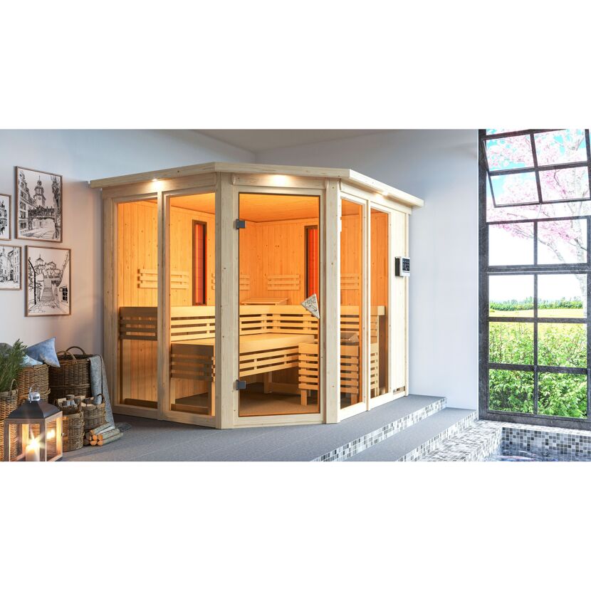 Ecksauna aus hellem Holz mit Glastür