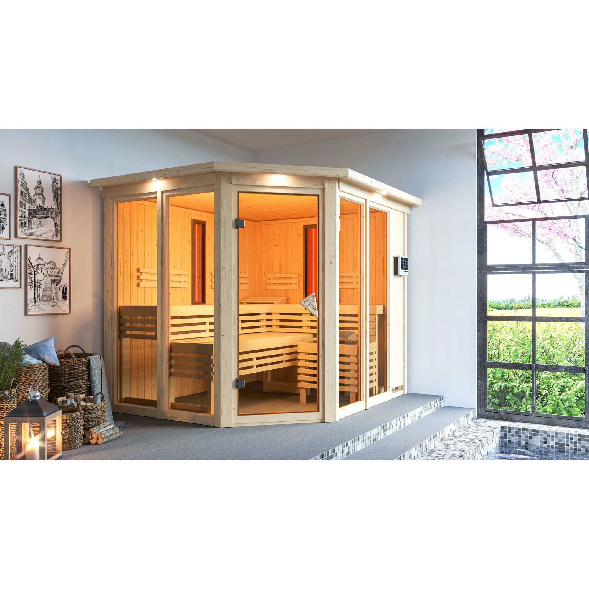 Ecksauna aus hellem Holz mit Glastür