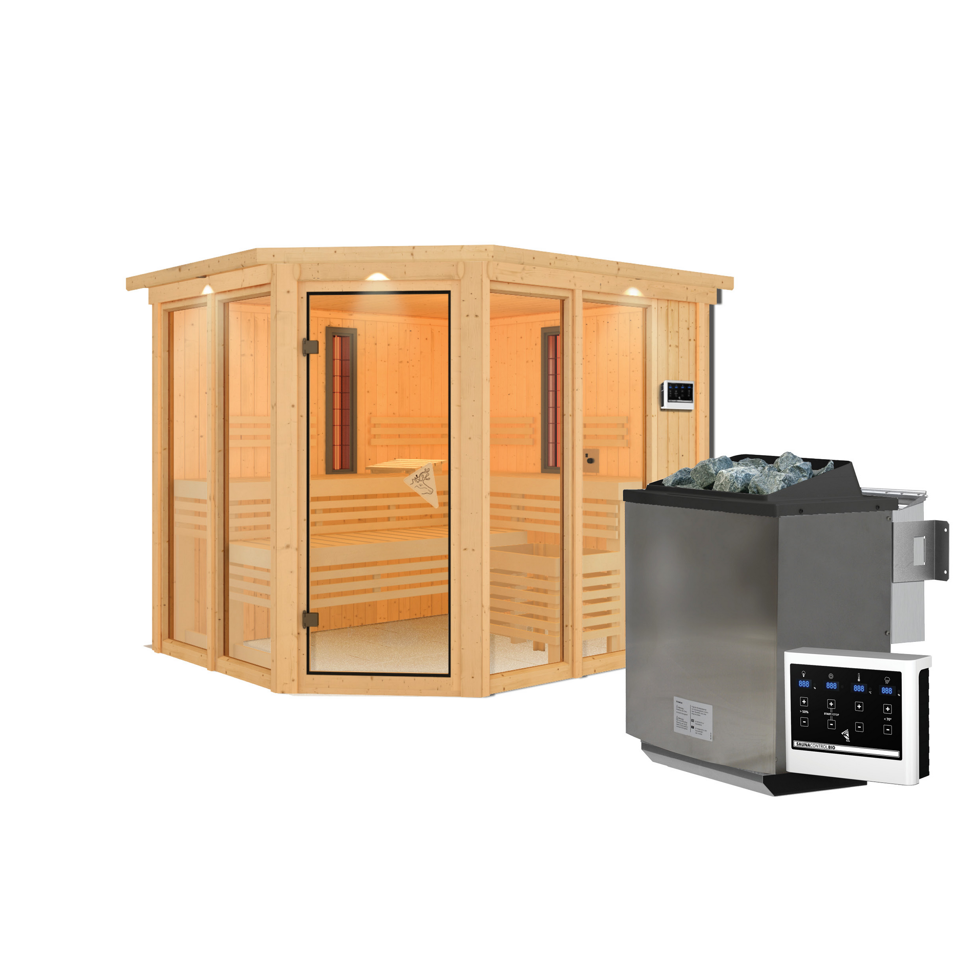 Infrarotkabine 'Alejandra' naturbelassen mit Kranz und bronzierter Tür 9 kW Bio-Ofen externe Steuerung 245 x 210 x 202 cm + product picture