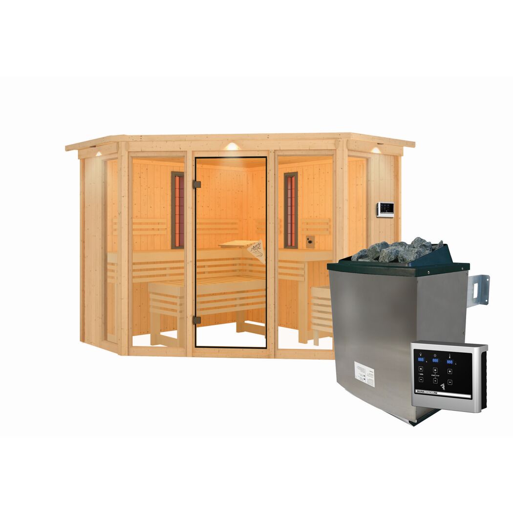 Sauna aus hellem Holz mit Saunaofen