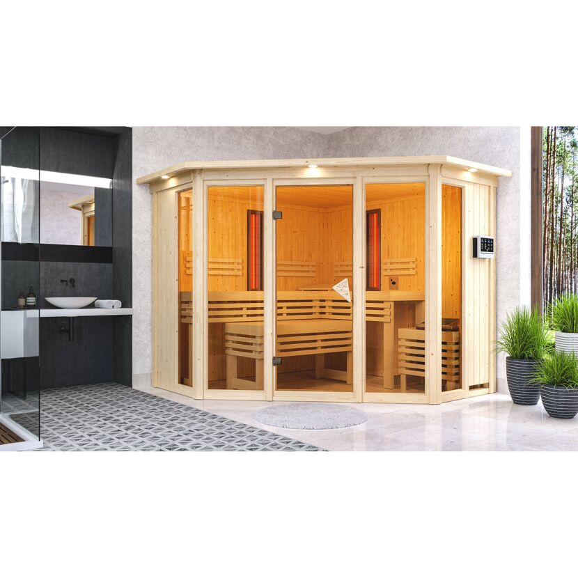 Sauna aus hellem Holz mit Glastüren