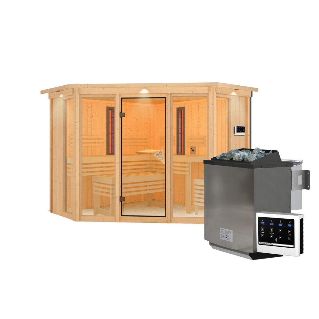 Ecksauna aus hellem Holz mit Saunaofen