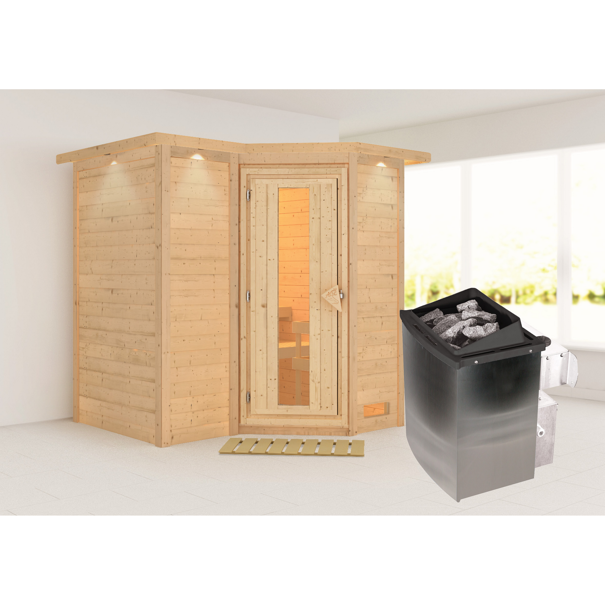 Massivholzsauna 'Perla 1' naturbelassen mit Kranz und Energiespartür mit Ofen 9 kW integrierte Steuerung 221 x 198 x 212 cm + product picture