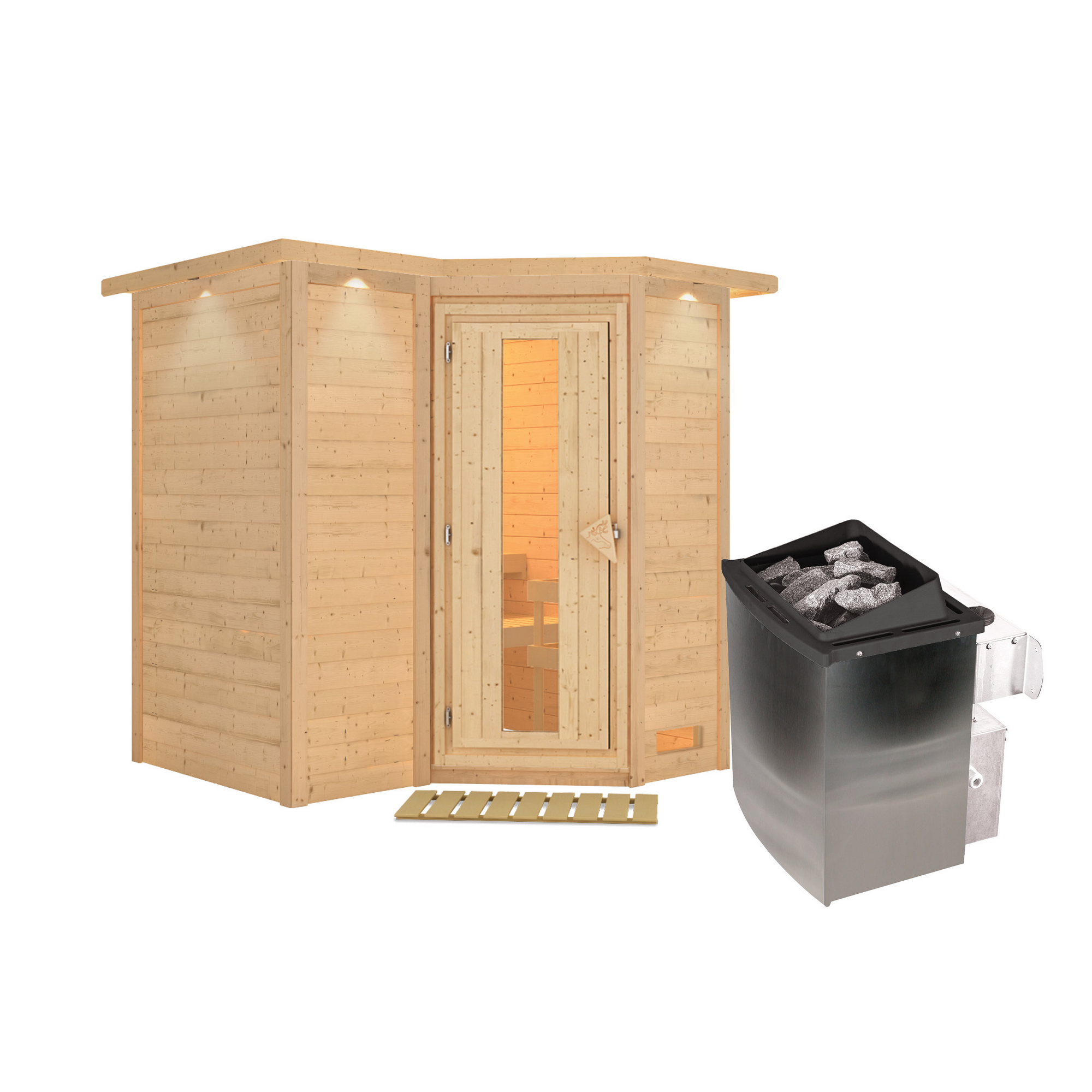 Massivholzsauna 'Perla 1' naturbelassen mit Kranz und Energiespartür mit Ofen 9 kW integrierte Steuerung 221 x 198 x 212 cm + product picture