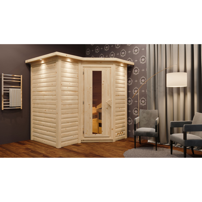 Bild von Massivholzsauna 'Perla 1' naturbelassen mit Kranz und Energiespartür 9 kW Bio-Ofen externe Steuerung Easy 221 x 198 x 212 cm
