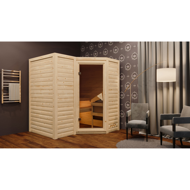Bild von Massivholzsauna 'Perla 1' naturbelassen 9 kW Bio-Ofen Edelstahl externe Steuerung Easy 193 x 184 x 209 cm