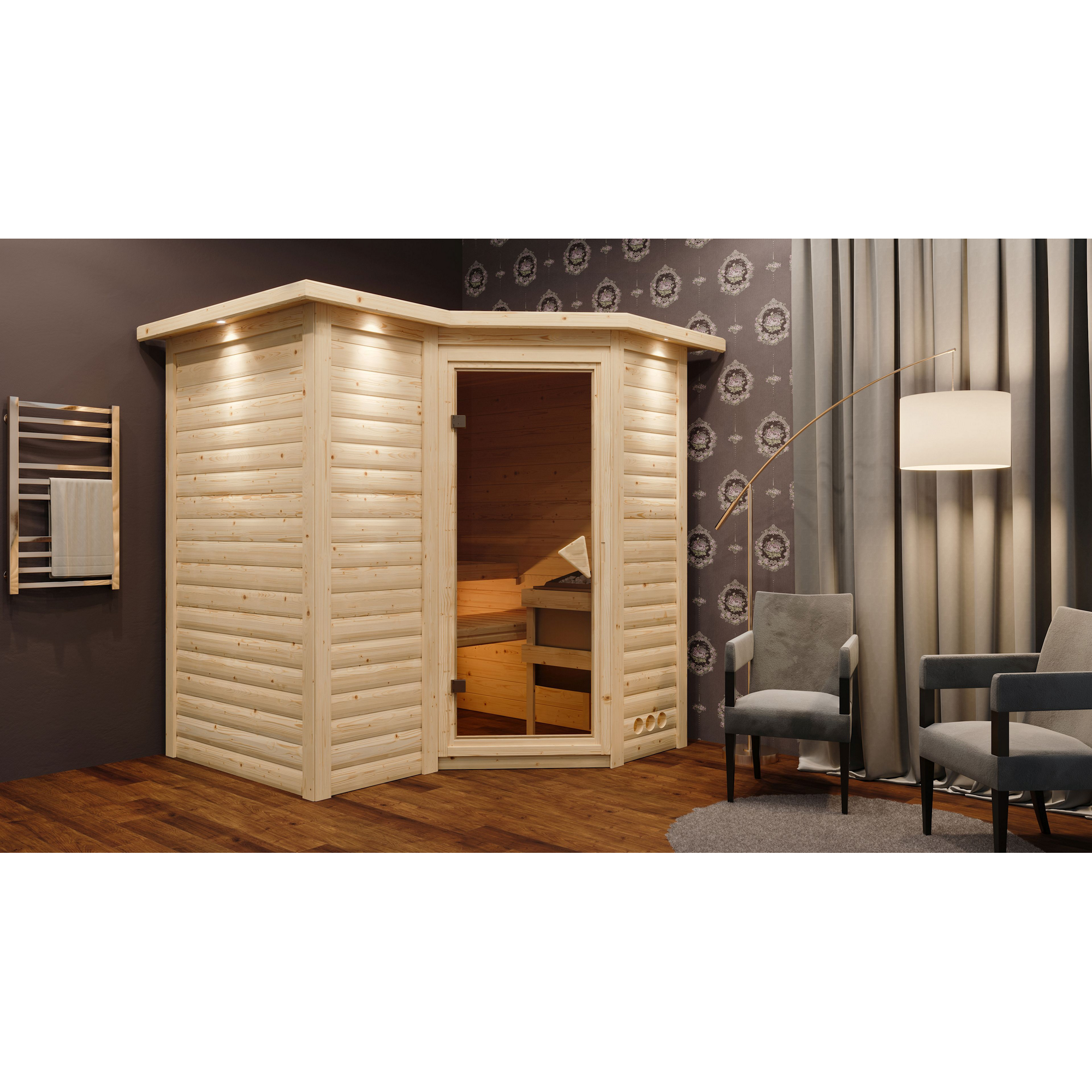 Karibu Massivholzsauna 'Perla 1' naturbelassen mit Kranz 9 kW Bio-Ofen externe Steuerung Easy 221 x 198 x 212 cm