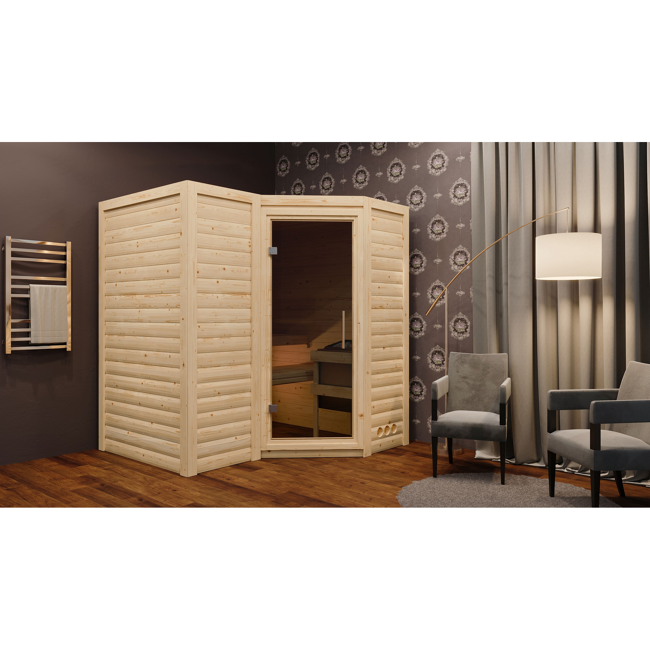Bild von Massivholzsauna 'Perla 1' naturbelassen mit graphitfarbener Tür 9 kW Bio-Ofen externe Steuerung Easy 193 x 184 x 209 cm