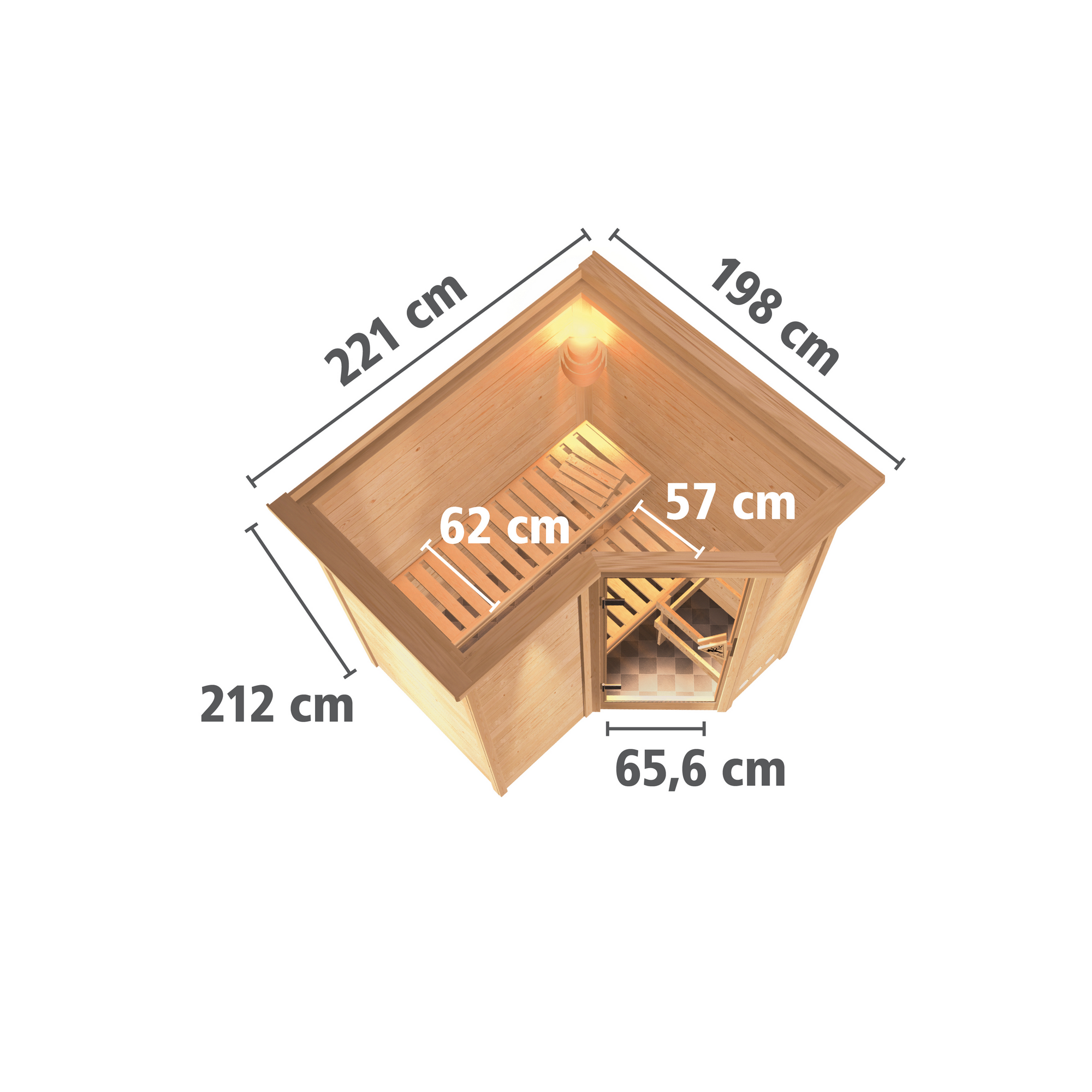 Massivholzsauna 'Perla 1' naturbelassen mit Kranz und graphitfarbener Tür mit Ofen 9kW integrierte Steuerung 221 x 198 x 212 cm + product picture
