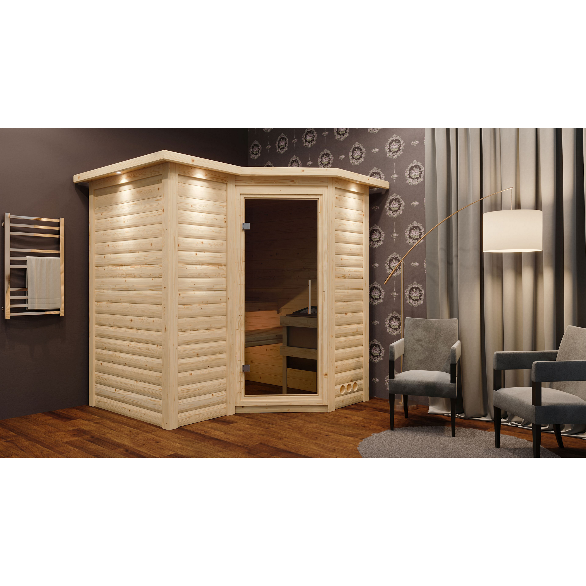 Karibu Massivholzsauna 'Perla 1' naturbelassen mit Kranz und graphitfarbener Tür 9 kW Bio-Ofen externe Steuerung Easy 221 x 198 x 212 cm