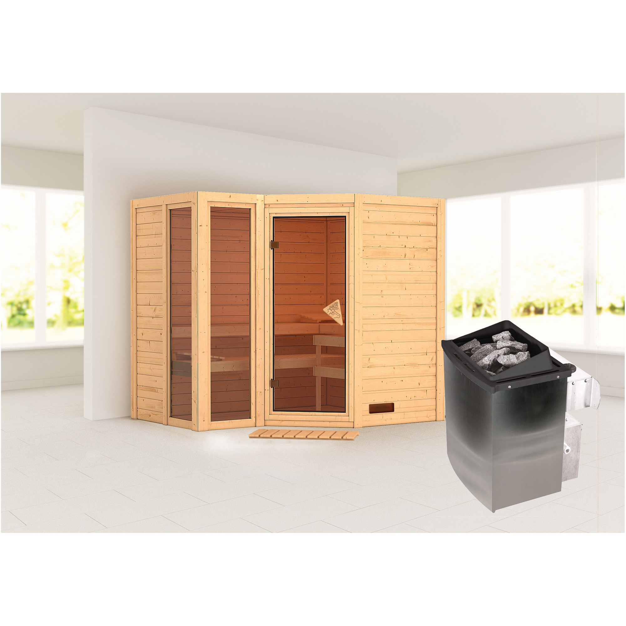 Massivholzsauna 'Ricarda' naturbelassen mit bronzierter Tür 9 kW Ofen integrierte Steuerung 236 x 184 x 209 cm + product picture