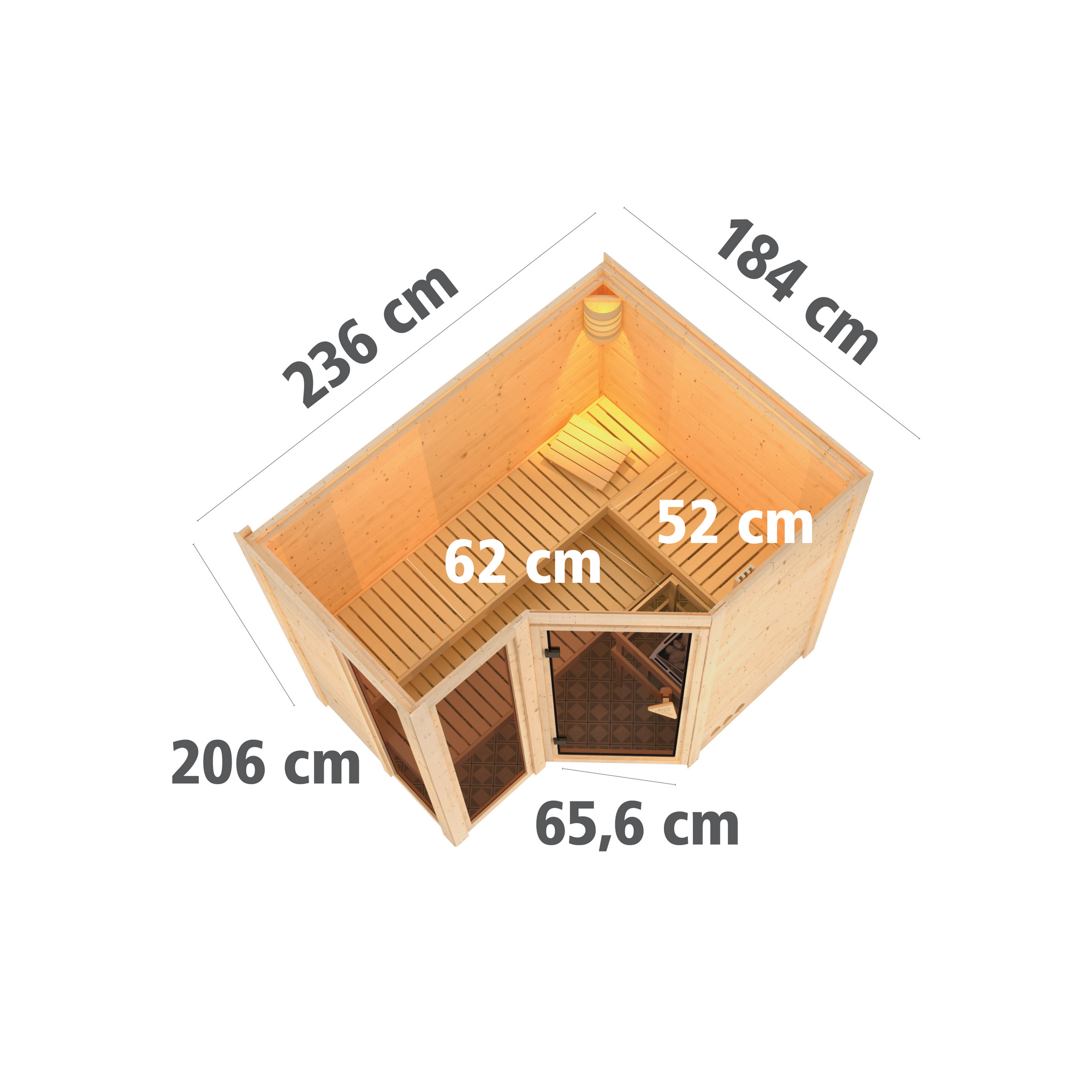 Massivholzsauna 'Ricarda' naturbelassen mit bronzierter Tür 9 kW Ofen integrierte Steuerung 236 x 184 x 209 cm + product picture