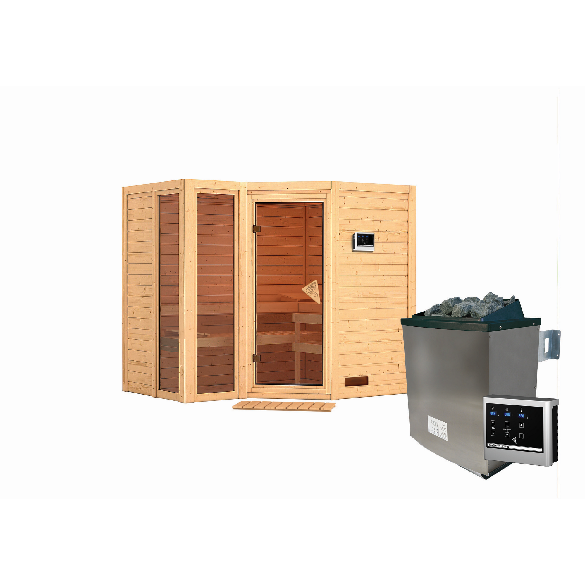 Massivholzsauna 'Ricarda' naturbelassen mit bronzierter Tür 9 kW Ofen externe Steuerung Easy 236 x 184 x 209 cm + product picture