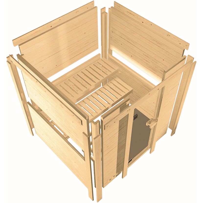 Massivholzsauna 'Ricarda' naturbelassen mit bronzierter Tür 9 kW Ofen externe Steuerung Easy 236 x 184 x 209 cm