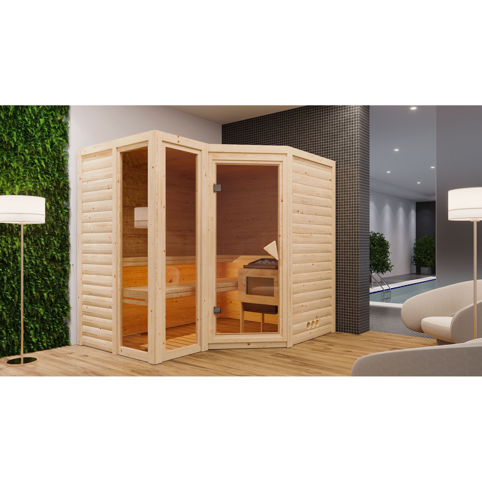 Ecksauna aus hellem Holz mit Saunaofen und geöffneter Tür.