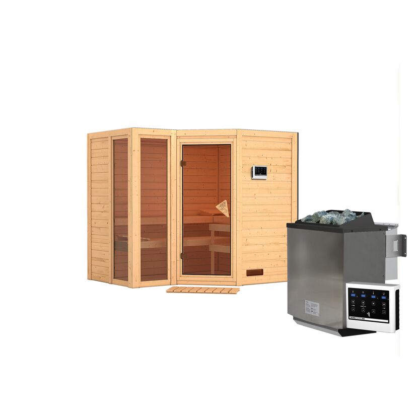 Eck-Sauna aus Holz mit Saunaofen