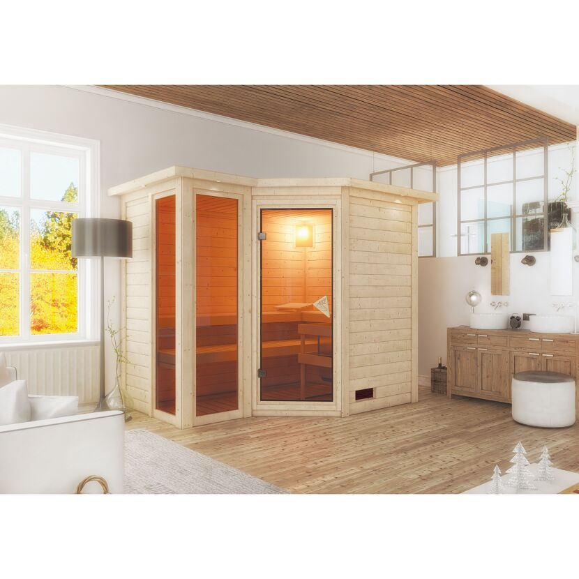Eck-Sauna aus hellem Holz in einem Badezimmer