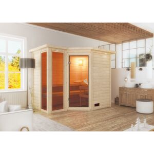 Massivholzsauna 'Ricarda' naturbelassen mit Kranz und bronzierter Tür 264 x 198 x 212 cm