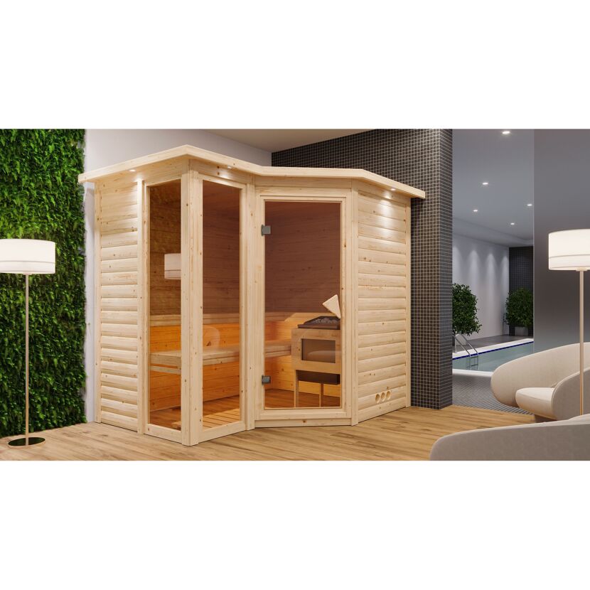 Eck-Sauna aus hellem Holz mit Saunaofen