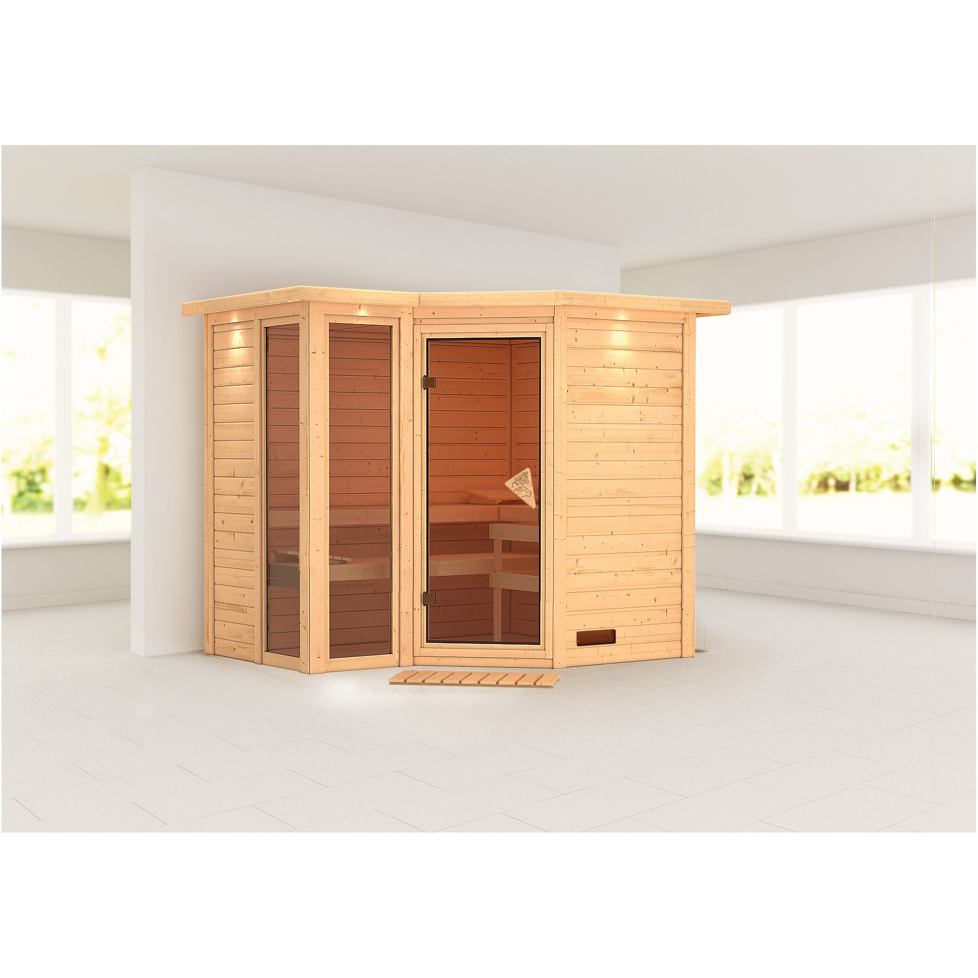 Massivholzsauna 'Ricarda' naturbelassen mit Kranz und bronzierter Tür 264 x 198 x 212 cm + product picture