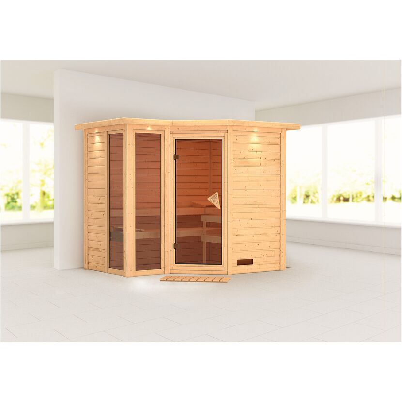 Eck-Sauna aus Holz mit Glastür