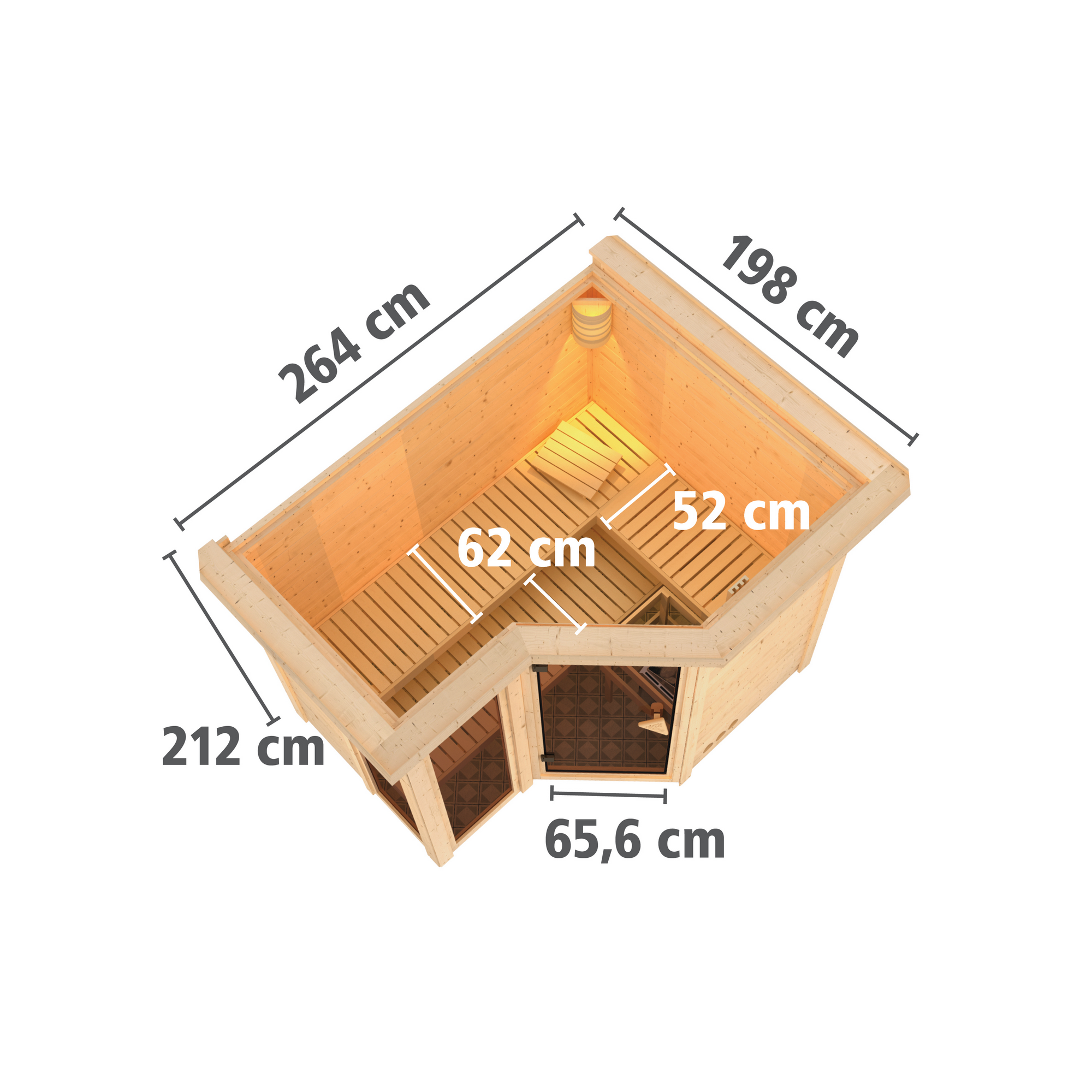 Massivholzsauna 'Ricarda' naturbelassen mit Kranz und bronzierter Tür 264 x 198 x 212 cm + product picture