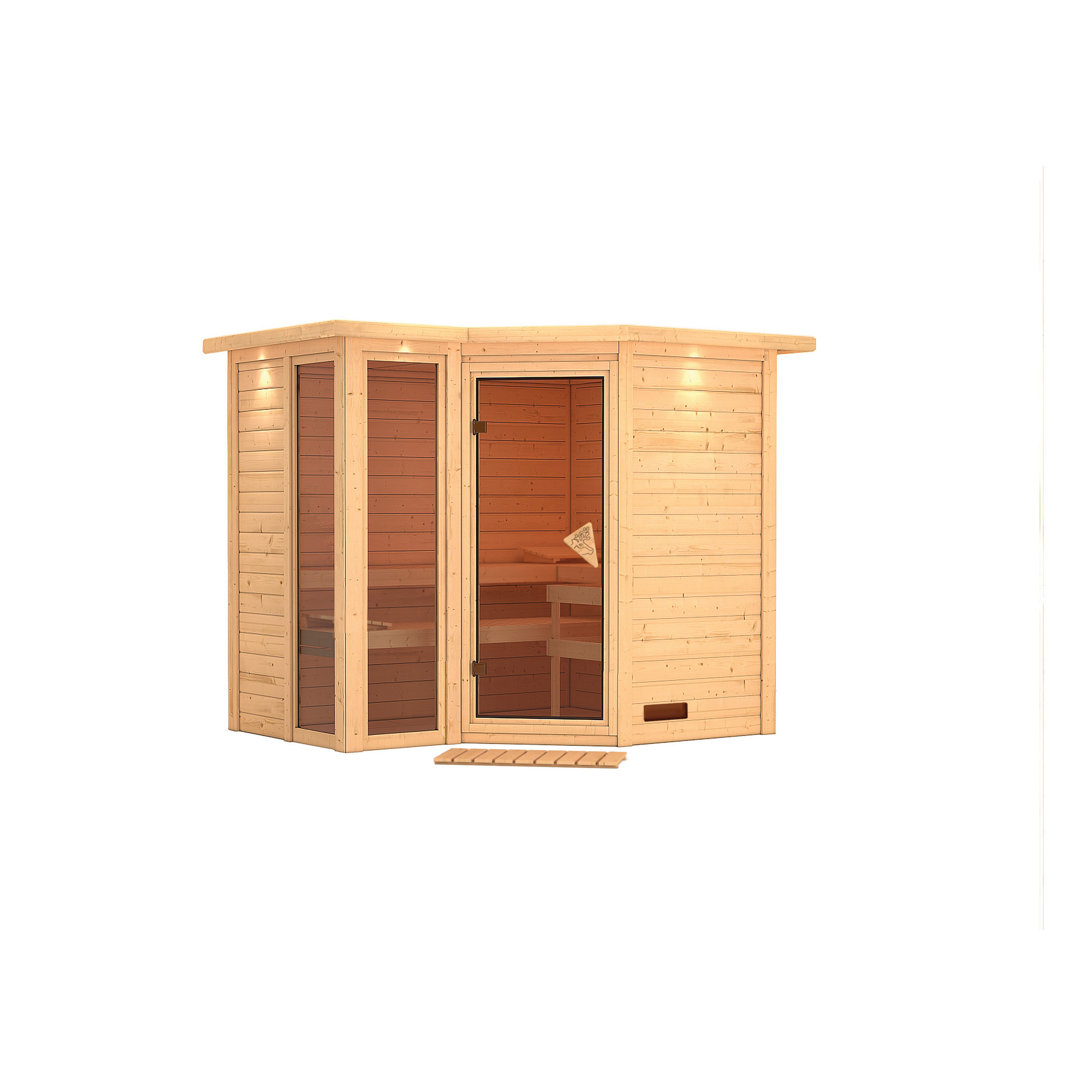 Massivholzsauna 'Ricarda' naturbelassen mit Kranz und bronzierter Tür 264 x 198 x 212 cm + product picture